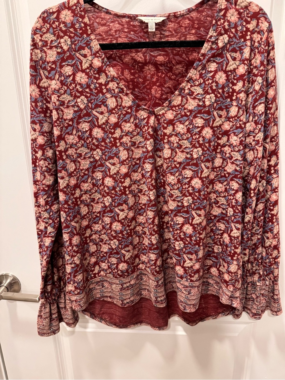 Lucky Brand Red Floral V-Neck Long Sleeve Top